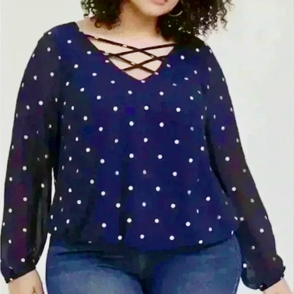 Navy Blue Blouse‎ Metallic Gold Polka Dot Women's Top Chiffon Lattice  Sz 1X - Picture 5 of 10